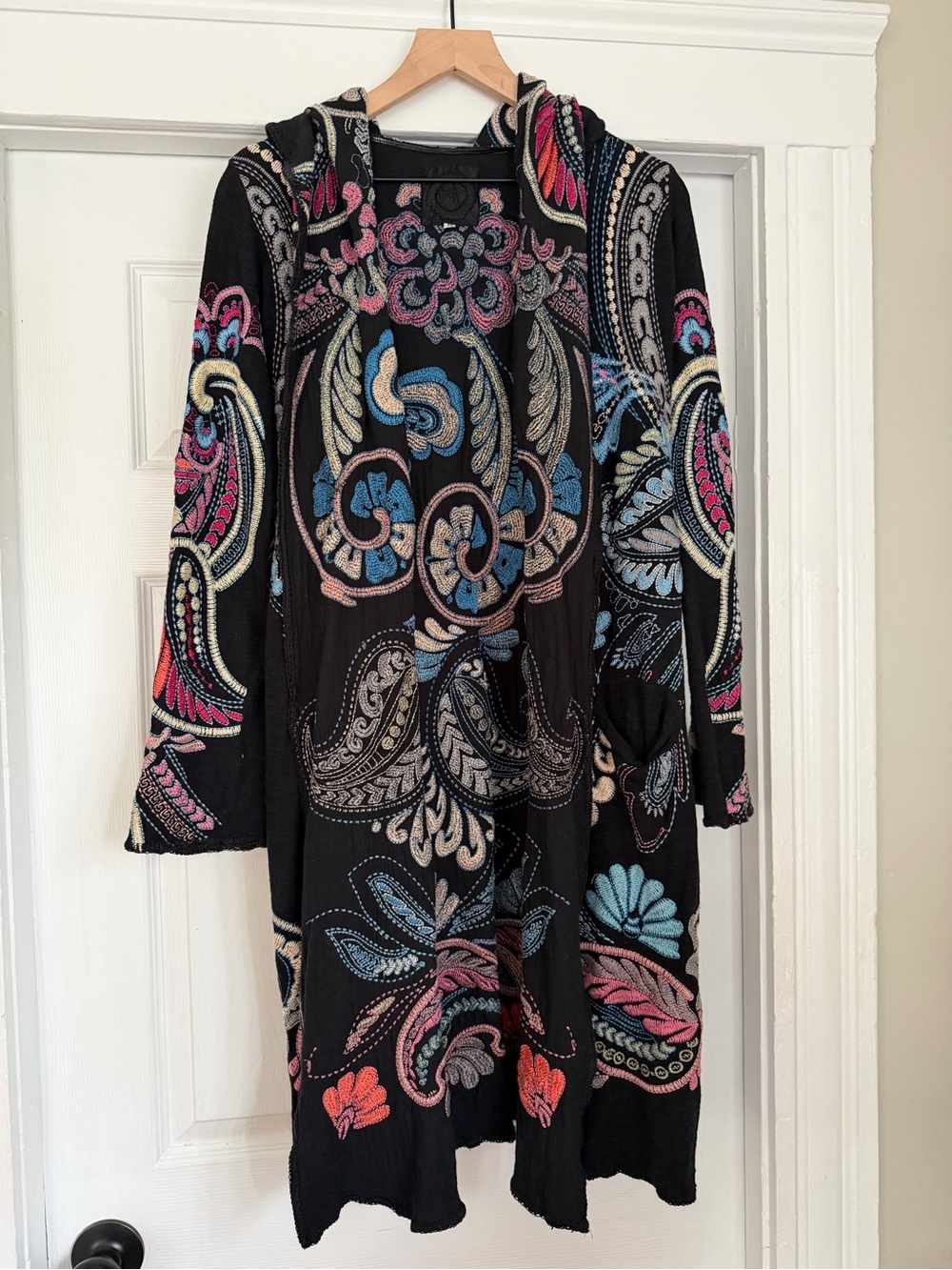 Biya by Johnny Was Hooded Duster Cardigan Milticolor Embroidered Black Size M